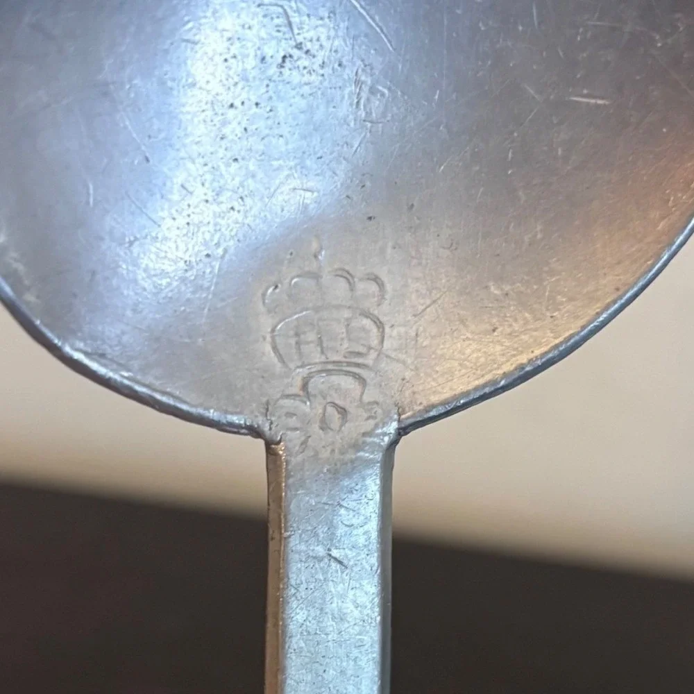 HL‎ Crown Hallmark Pewter Spoon | Vintage 20th Century Hand Forged Square Handle